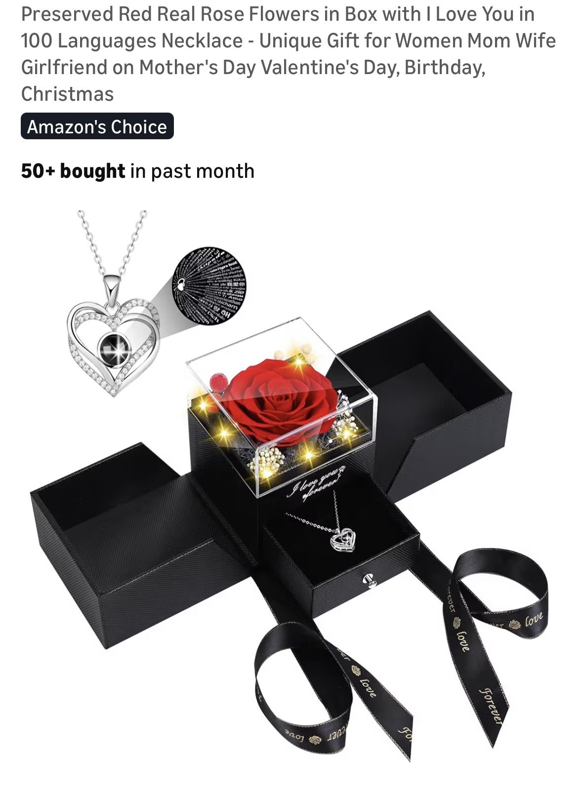 Preserved Red Real Rose Flowers in Box with I Love You in 100 Languages Necklace