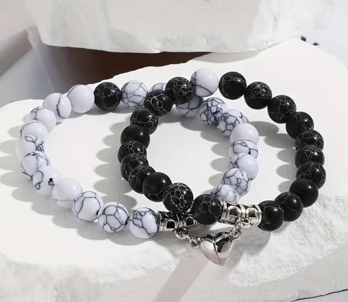 Heart ❤️ Charm Black /white Couples Bracelet Set 