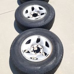 Three 6 Lug 6x5.5 same as 6x139.7mm Rims & Tires, All hold Air no leaks.

Will sell separately
2 - 245/75R16 with 6/32 = 60% Tread left $60 each
1 - 2