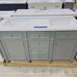 60 in. W x 22 in. D Double Sink Bath Vanity in Gray with White Marble Top $769 