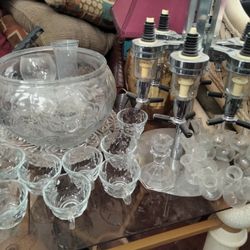 Crystal Punch Set, Cups, Bottle Dispenser