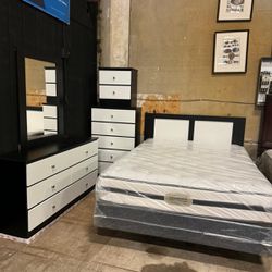 Queen Size New BedroomSet Includes Headboard Metal Frame Dresser Mirror Chest Nightstand Beautyrest Mattress And Box. Delivery & Set Up Available 