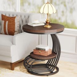 Round End Table, 2 Tiers Faux Marble Side Table with Storage Shelf/ brown and black 