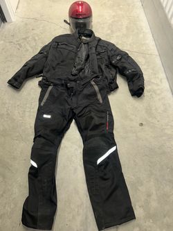 REV'IT Motorcycle Jacket and Pants Set with vintage helmet