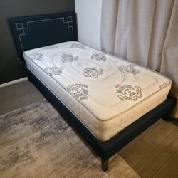 Navy Blue Upholstered Twin Bed Frame with Slats And New Mattress
