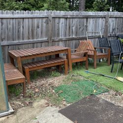 Patio Wooden Table 2 Chairs, And Two Benches