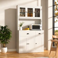 VEIKOUS
White Kitchen Pantry Cabinet Storage with Adjustable Shelves, Buffet Cupboard and Microwave Stand