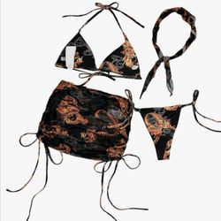 Women's 4 Piece Swimsuit Triangle Bikini Bathing Suit W/Mesh Beach Skirt& Banana W dragons/Mesh 