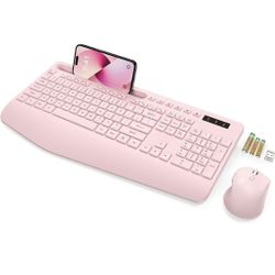 SABLUTE Wireless Keyboard and Mouse, Wrist Rest, Phone Holder, Batteries Included, 2.4G Lag-Free Ergonomic Keyboards Mouse Combo, Silent Keyboard Cord