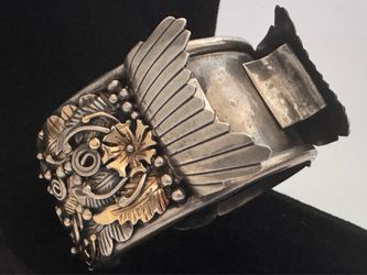 Ray Bennet Navajo Native American 14k Gold & Sterling Silver Vintage Watch Cuff Bracelet