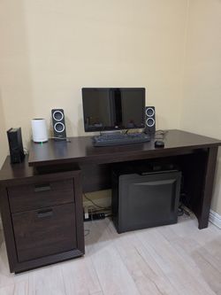 Computer Desk with Built-In 2-Drawer File Cabinet – Dark Espresso/Wenge Finish