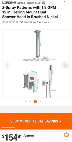 2-Spray Patterns with 1.8 GPM 12 in. Ceiling Mount Dual Shower Head in Brushed Nickel