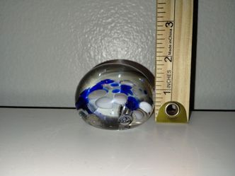 Vintage Art Glass Paperweight Blue White Eruption Bubbles