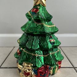 Christmas Tree Cookie Jar Canister Vintage Lillian Vernon Porcelain Holiday