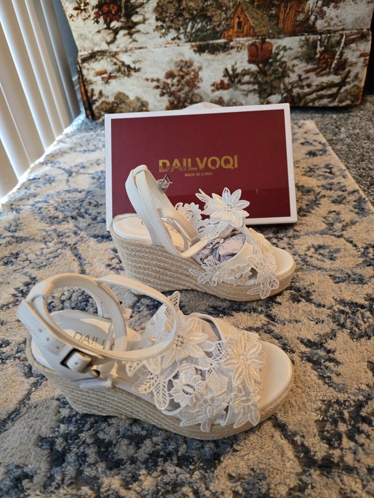 Women'S Platform Sandals Wedge Open Toe Ankle Strap Lace Wedding Shoes Size 5