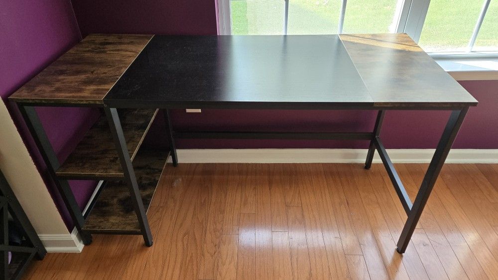 Wooden Desk With Metal Frame And 2 Shelves