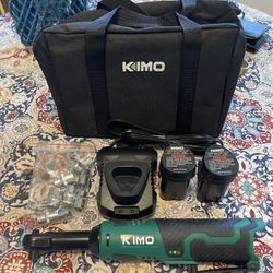 KIMO Extended Reach Cordless Ratchet Wrench, Model# 3302L, 3/8”, 2 Batt, Charger, Bag, Brand New, Never Used, 12 Volts, 400 RPM. 8 Sockets, We Can Mee