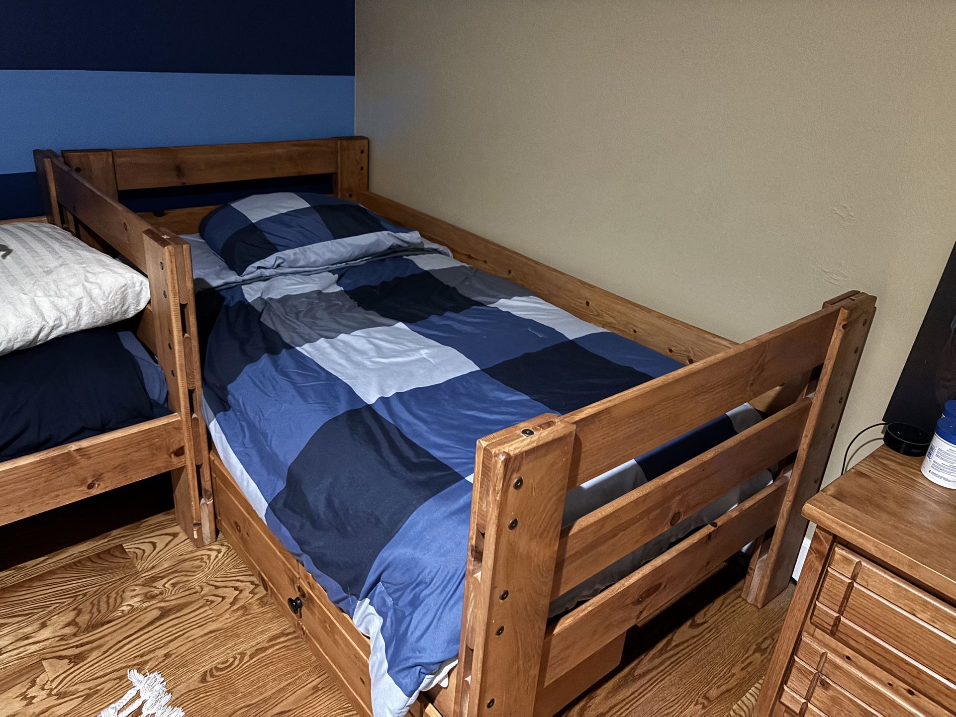 Solid wood bunk beds, bedside table and ladder along w two mattresses (twin)