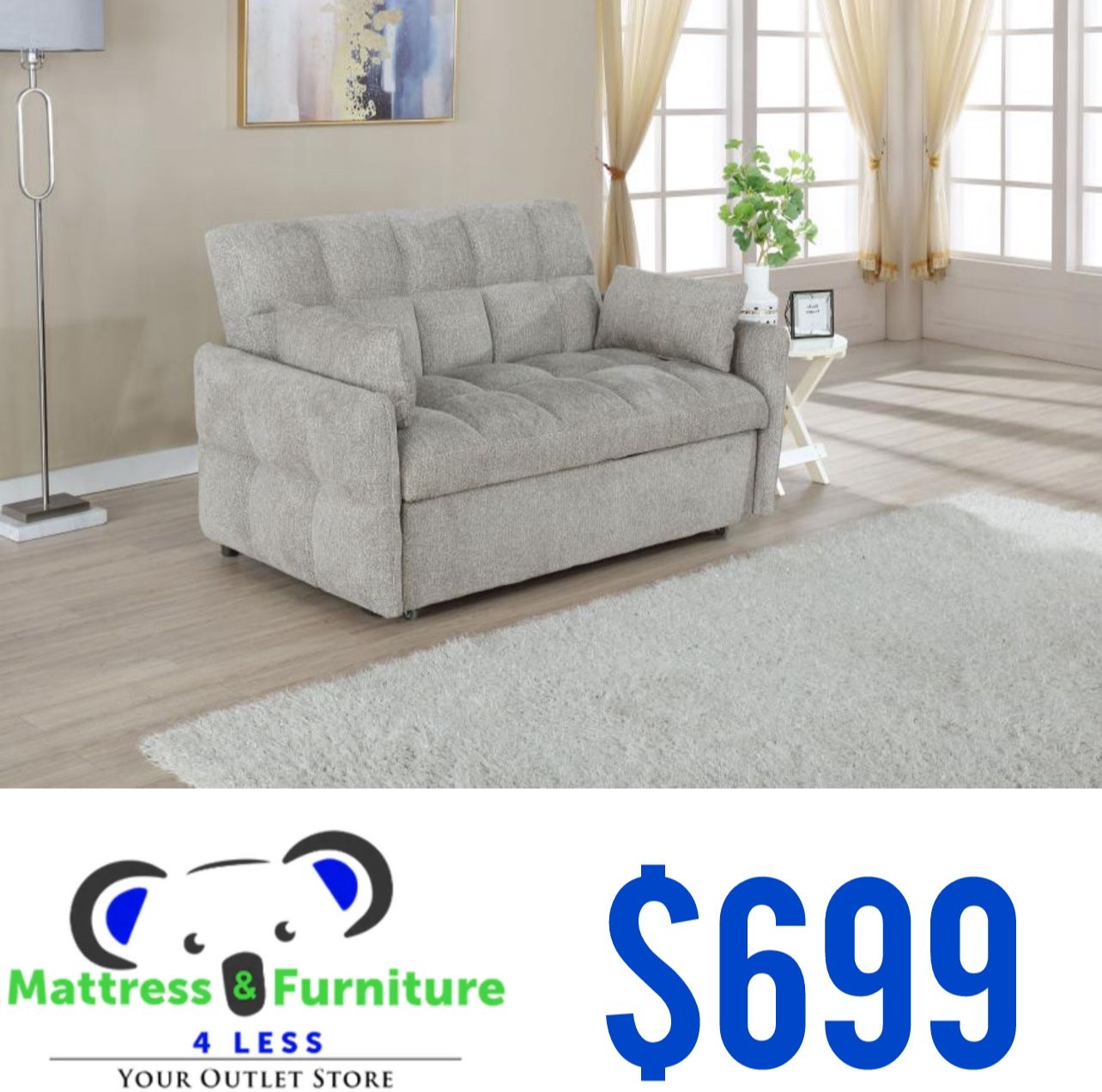 Cotswold Upholstered Convertible Sleeper Sofa Bed Light Grey