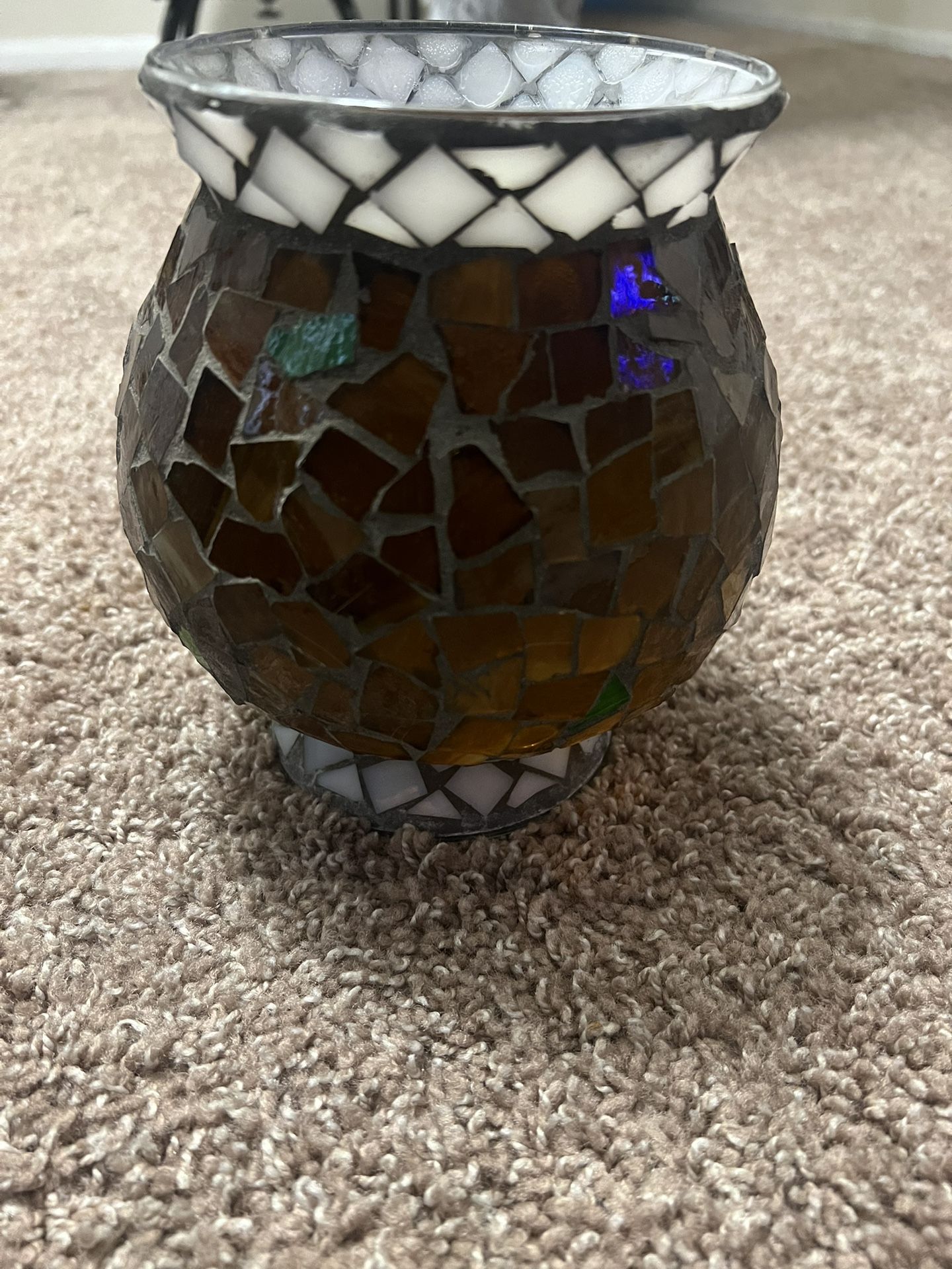 Home Interiors Mosaic Glass Candle Holder Pedestal Base Earth Tones 7”x 6”