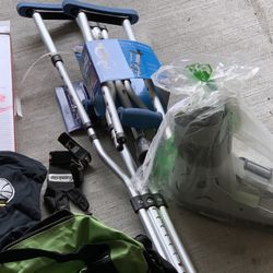 Foldable Crutches, Brand New Men’s air Cast, Used Walking Boot, Wilson Tennis Ball Holder, Google Sports Bags 