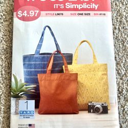 It's So Easy It's Simplicity L9678 Tote Bag Sewing Pattern - 3 Sizes  **NEW