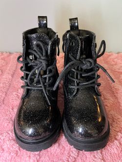 Kids Black Glitter Combat Boots