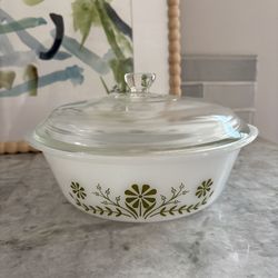 Vintage Glasbake Green Floral Casserole Dish - Milk Glass