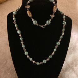 Pearl And Aqua Green Beaded Necklace With Matching Bracelet 