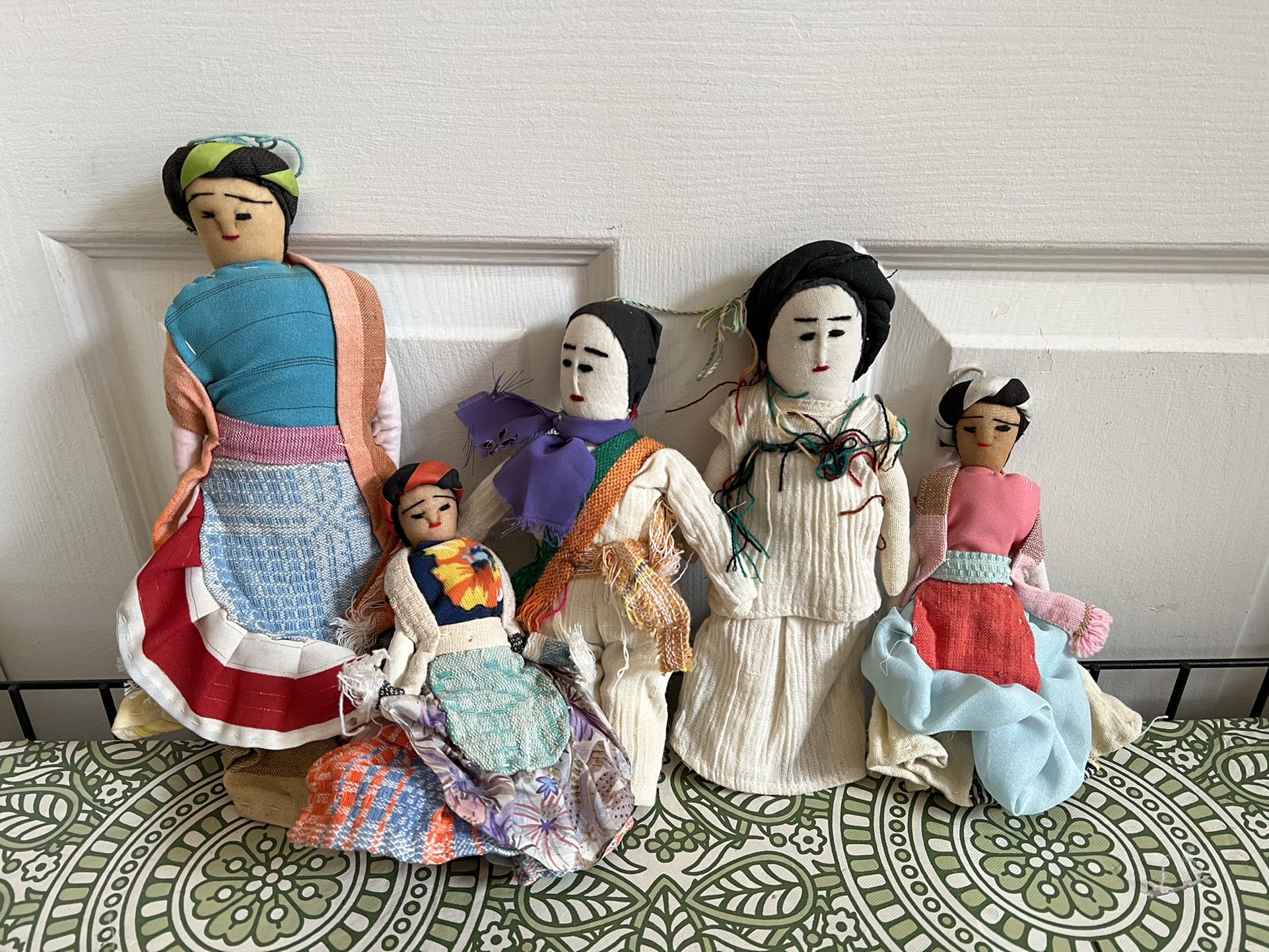 Lot of 5 Vintage Peruvian Dolls in Colorful Clothing Handmade Stitched Faces