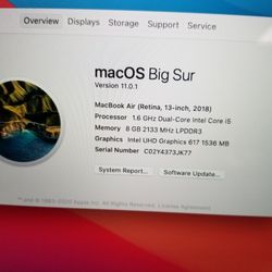 2018 Apple MacBook Air 13.3" Retina 8GB RAM 128GB SSD ONLY 61 BATTERY CYCLES macOS Big Sur