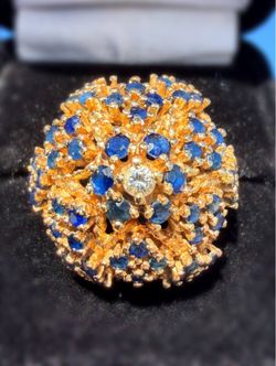 14k solid yellow gold Natural Diamond 2CTW Blue Sapphire Floral Dome Flower Star Cocktail Ring sz6.75