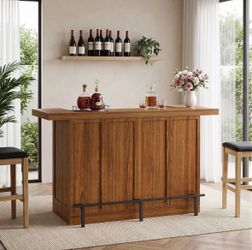 Miereirl 70.9" Bar Table with 4-Tier Storage Shelf, Large Wood Home Bar Unit with Changing LED Lights & Metal Footrest & Stemware Holders,Pub Table & 