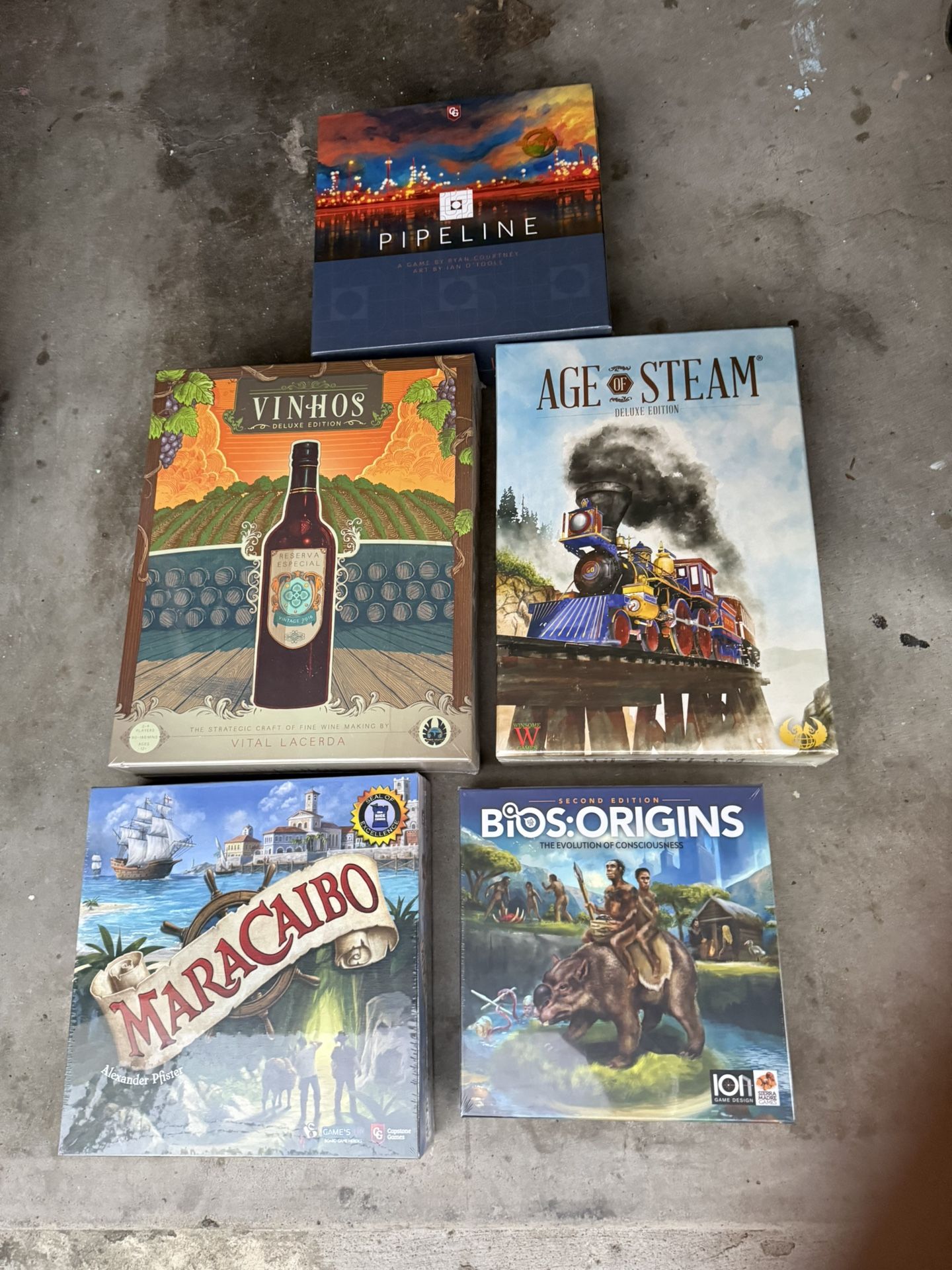 5 New Board Games – Pipeline, Vinhos, Age of Steam, Maracaibo, Bios Origins (All Sealed)