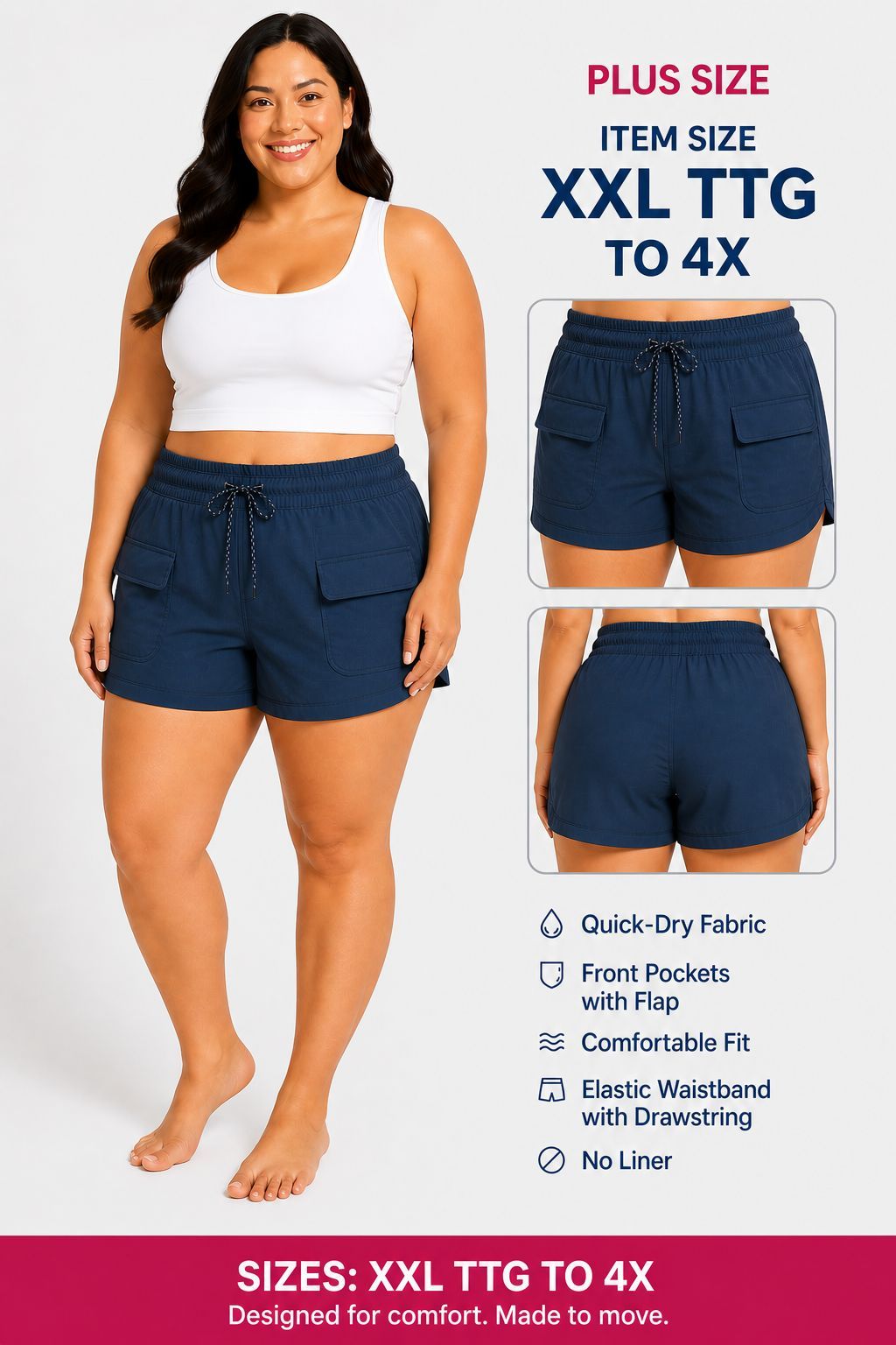Women's Solid Cargo Shorts Blue Plus Size XXL TTG Elastic Waist Pockets