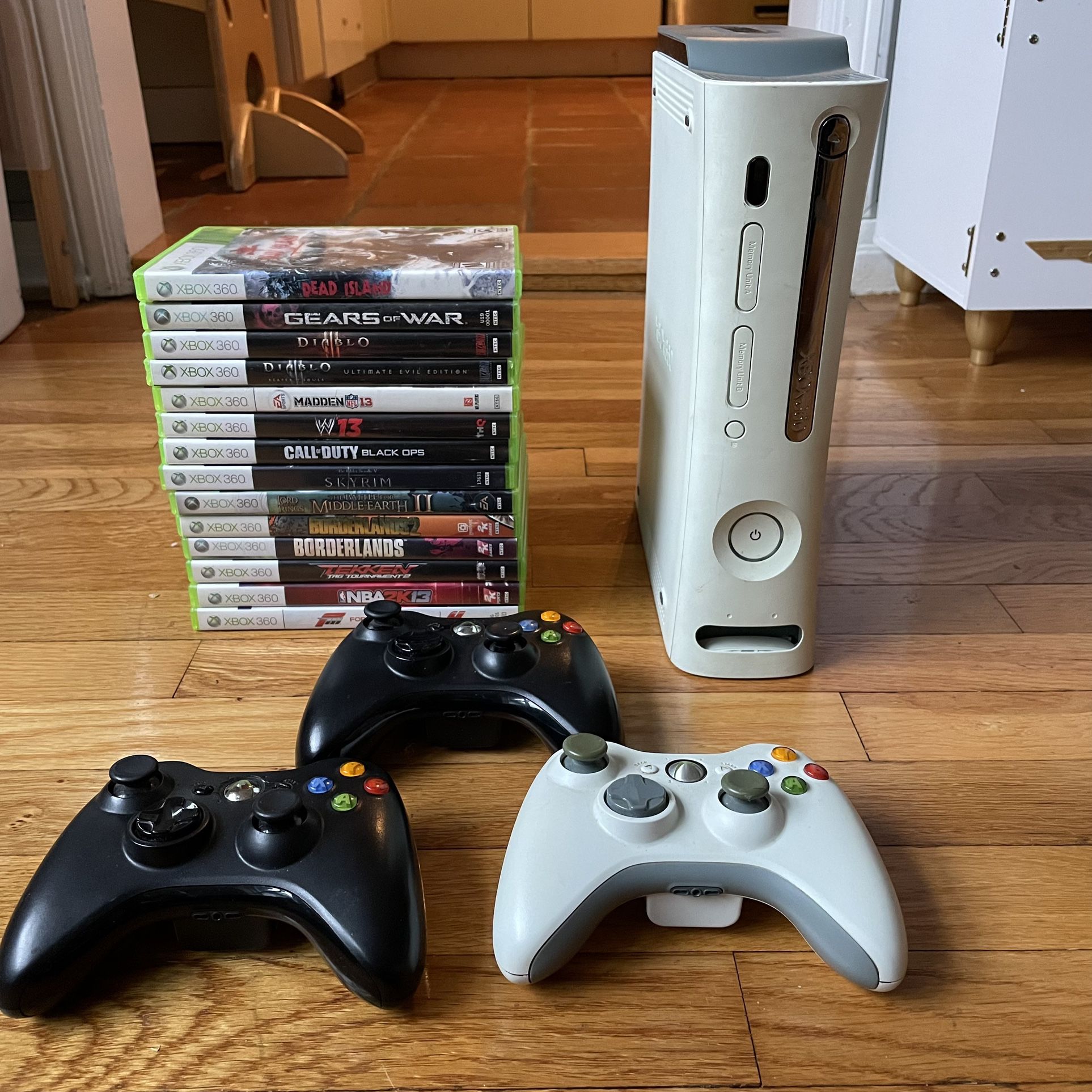 Xbox 360, 3 Controllers, & Various Games (Wires Included)