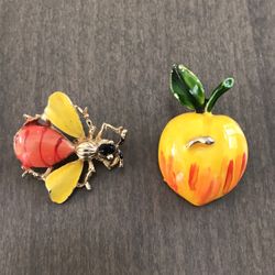 Vintage  Butterfly and  Apple with Worm Brooches