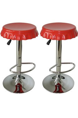 Retro Soda Cap Bar Stool - 2 Pc Red Modern Contemporary Chrome Footrest Swive