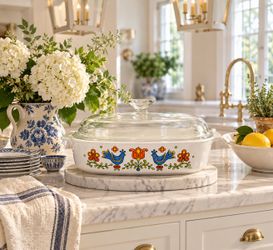 Vintage CorningWare "Country Festival" “Friendship Blue Bird" 2.5-liter square casserole dish lid Collectible Baking Serving Centerpiece Retro Mid Ce