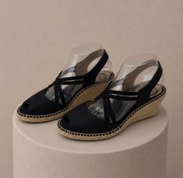 Abeo Delano Espadrille Wedge Sandal Black Leather Peep Toe Slip On 9N Crisscross