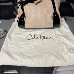 Cole Haan Large Woven Tote Bag Purse Shoulder Bag Tan And Black With Dust Bag