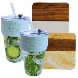 GIANT GOODS Tapioca Blue 17oz Glass Tumbler 2pk. 2 Free Marble & Wood Coasters