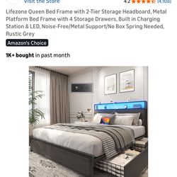 Lifezone Queen Bed Frame with LEDs + Storage 