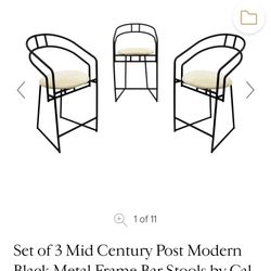 🎈Set of 3 Mid Century Post Modern Black Metal Frame Bar Stools by Cal Style