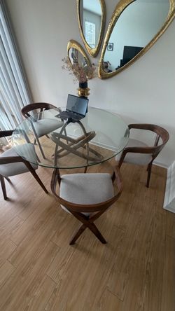 Modern Round Glass & Walnut Dining Table + 4 Chairs – $1,500