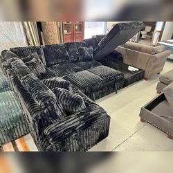 Black Jumbo corduroy sectional sofa bed sleeper sofa with storage