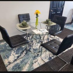 4 Black/ Chrome Chairs And Round Top-Glass Kitchen Table Set ☄️ Brand New✅ Dining Room Set 💥