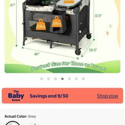 Pack and Play with Changing Table & Carry Bag, 4-in-1 Portable Crib Playpen for Newborn to Toddler, Foldable Travel Crib with Bassinet