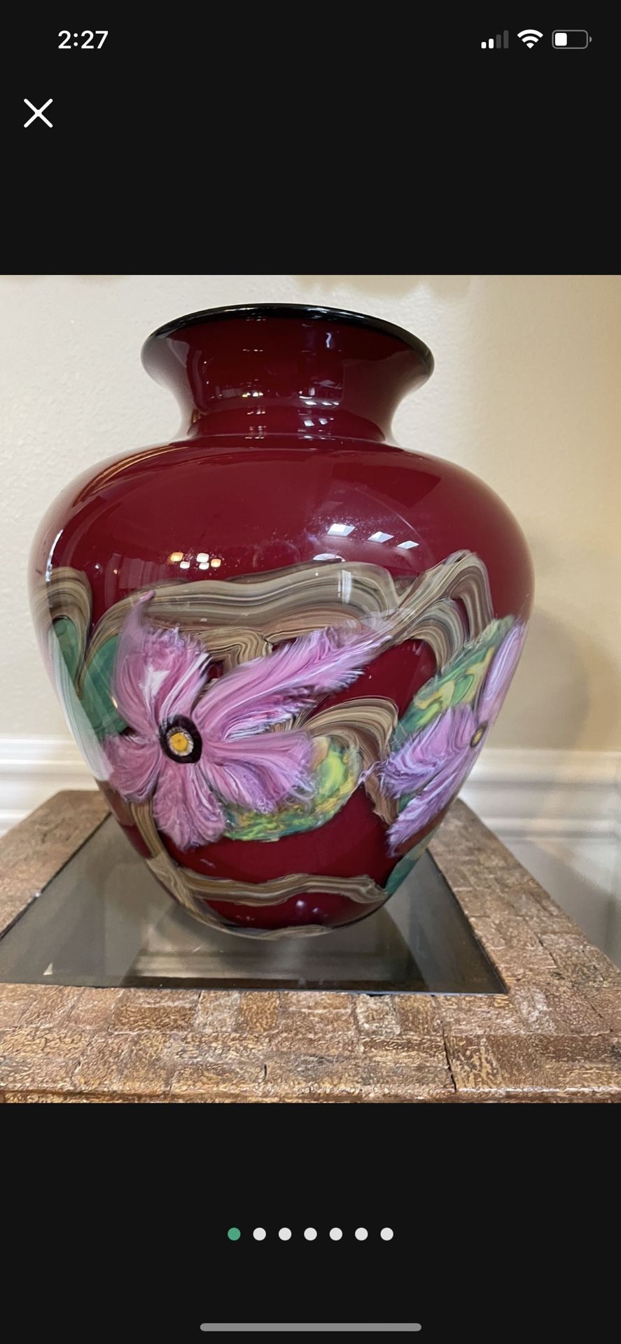 John Fields Art Glass Red Vase Floral Vase Purple Flowers 10 1/4” . Signed