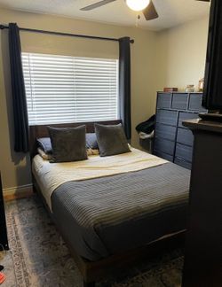 Queen Size bed with frame and mattress, dresser/tv stand